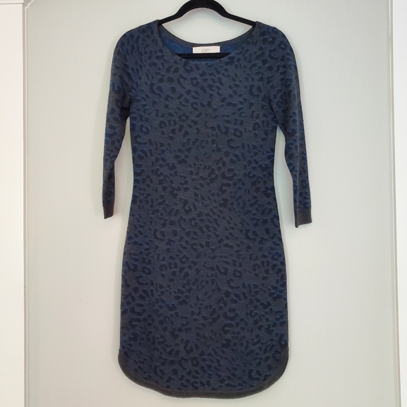 Loft Gray Blue Leopard Print Sweater Dress - Picture 2 of 8